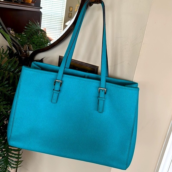 Michael Kors Saffiano Leather Jet Set Large Tote Turquoise Blue Shoulder Bag - Picture 12 of 16